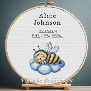 131 Sleeping Bee birth announcement cross stitch pattern