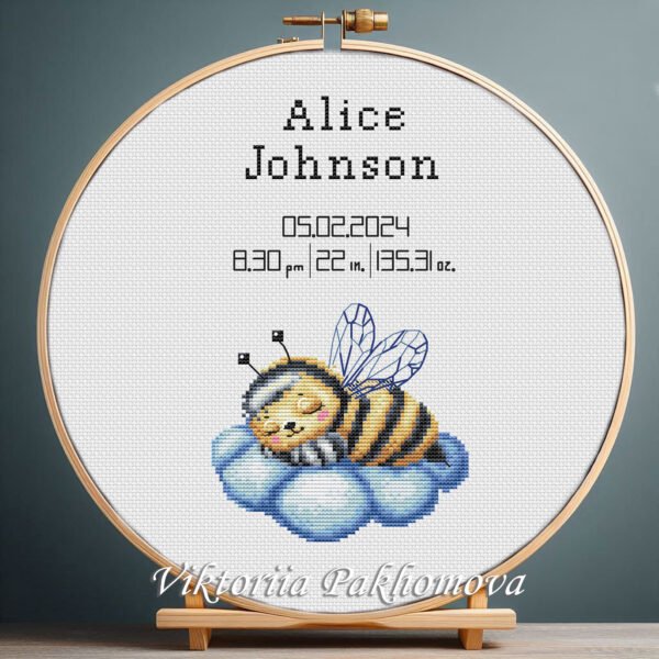 131 Sleeping Bee birth announcement cross stitch pattern