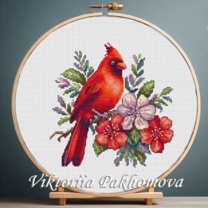131 Red cardinal cross stitch pattern with floral details