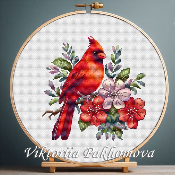 131 Red cardinal cross stitch pattern with floral details