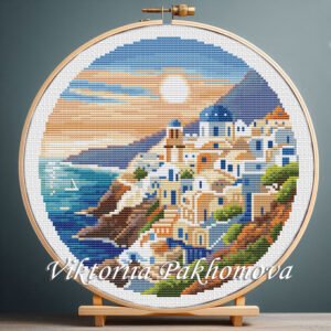 Modern travel embroidery chart with buildings and urban details