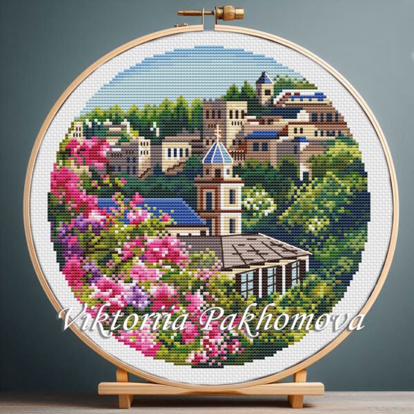 Spain floral cityscape cross stitch pattern
