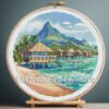 131 Maldives ocean landscape cross stitch pattern in an embroidery hoop