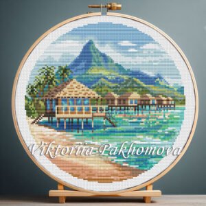 Maldives ocean landscape cross stitch pattern in an embroidery hoop