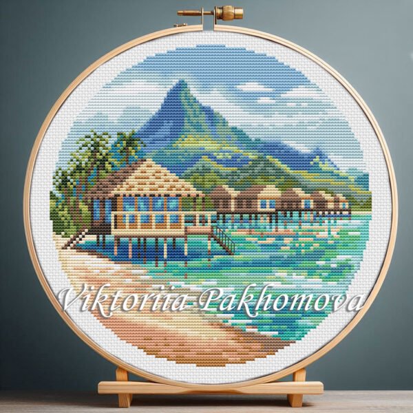 131 Maldives ocean landscape cross stitch pattern in an embroidery hoop
