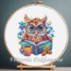 Colorful owl cross stitch pattern with glasses, reading a book, autumn leaves and cozy details, embroidery design by Viktoriia Pakhomova