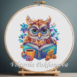 Colorful owl cross stitch pattern with glasses, reading a book, autumn leaves and cozy details, embroidery design by Viktoriia Pakhomova