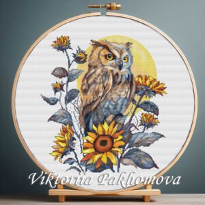 131 Tawny owl cross stitch pattern with sunflowers and moon glow, detailed autumn embroidery design by Viktoriia Pakhomova