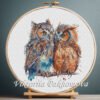 Owls in Love cross stitch pattern with two birds sitting together, colorful romantic embroidery