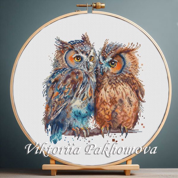 Owls in Love cross stitch pattern with two birds sitting together, colorful romantic embroidery