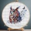 Detailed owl cross stitch pattern with branches and butterfly, enchanted forest embroidery