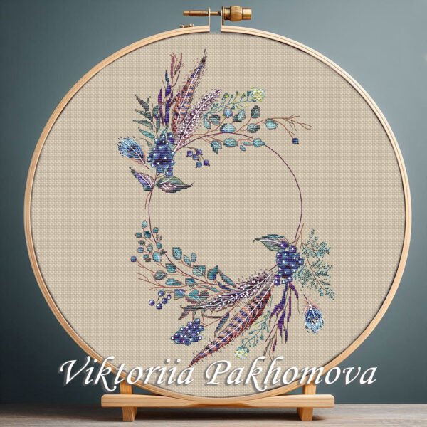 Boho Wedding Wreath Cross Stitch Pattern – Blue Floral Embroidery, Custom Name Date Commemorate PDF