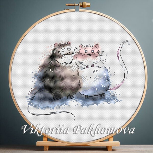 rats cross stitch pattern with funky animal couple in snowy scene