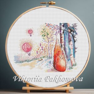 fox and raven cross stitch pattern with colorful woodland scene