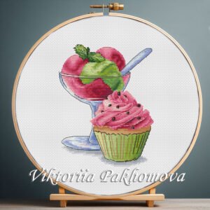 131 watermelon ice cream cross stitch pattern with raspberry cupcake