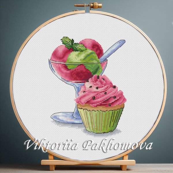 131 watermelon ice cream cross stitch pattern with raspberry cupcake