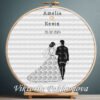 Personalized wedding cross stitch pattern with bride and groom silhouette, custom couple names and date, romantic embroidery design