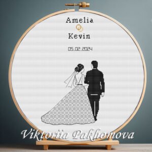 131 Personalized wedding cross stitch pattern with bride and groom silhouette, custom couple names and date, romantic embroidery design