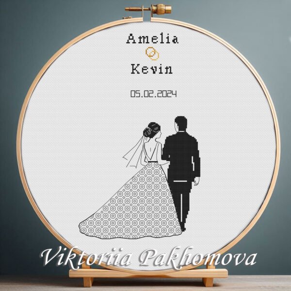 Personalized wedding cross stitch pattern with bride and groom silhouette, custom couple names and date, romantic embroidery design