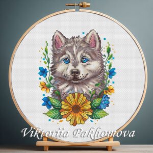131 husky dog cross stitch pattern with blue and yellow flowers