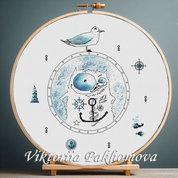 cat sailor cross stitch pattern with seagull