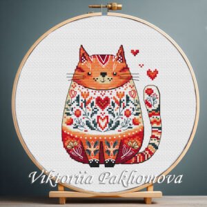 Romantic Cat cross stitch pattern displayed in a wooden embroidery hoop with folk‑art details