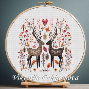 Romantic Deer cross stitch pattern displayed in a wooden embroidery hoop with autumn folk motifs