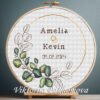 Custom wedding wreath cross stitch pattern with floral frame, personalized couple names and date, elegant keepsake embroidery design