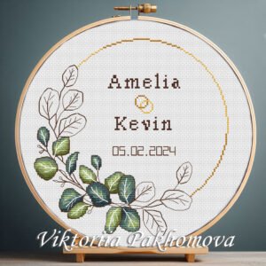 131 Custom wedding wreath cross stitch pattern with floral frame, personalized couple names and date, elegant keepsake embroidery design
