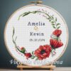 131 Custom wedding poppy wreath cross stitch pattern with red poppies, personalized couple names and date, romantic keepsake embroidery design