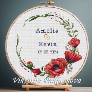 131 Custom wedding poppy wreath cross stitch pattern with red poppies, personalized couple names and date, romantic keepsake embroidery design