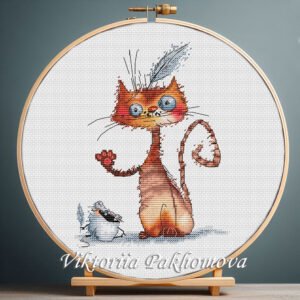 Cross stitch embroidery of a ginger cat and a white mouse with bright colors and playful details, displayed in a wooden hoop