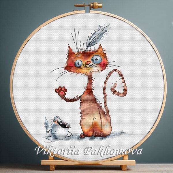 Cross stitch embroidery of a ginger cat and a white mouse with bright colors and playful details, displayed in a wooden hoop