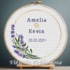 131 Lavender wedding wreath cross stitch pattern with soft purple flowers, personalized couple names and date, romantic keepsake embroidery design