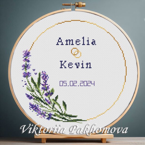 131 Lavender wedding wreath cross stitch pattern with soft purple flowers, personalized couple names and date, romantic keepsake embroidery design