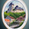 Karlstein Castle cross stitch pattern in embroidery hoop, European architecture landscape