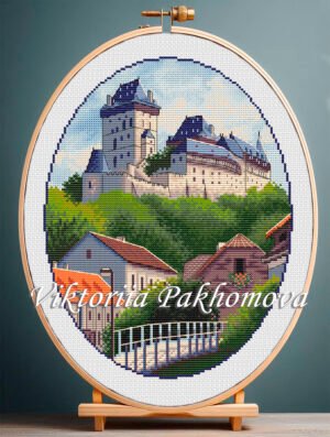 131_1 Karlstein Castle cross stitch pattern in embroidery hoop, European architecture landscape
