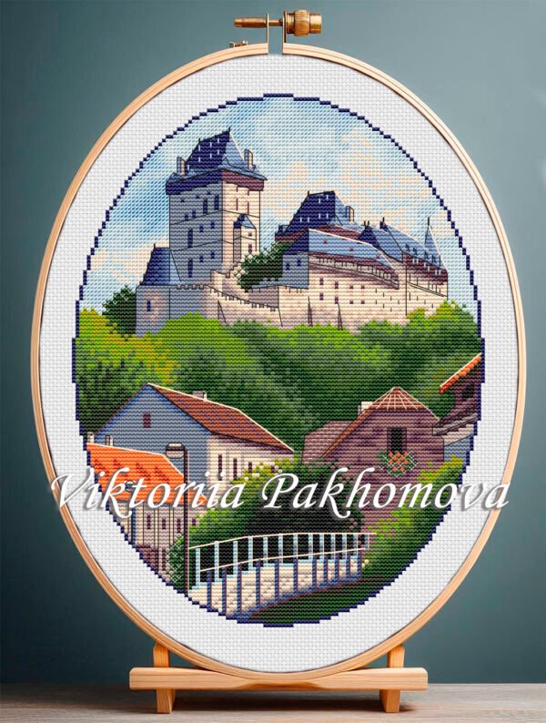 Karlstein Castle cross stitch pattern in embroidery hoop, European architecture landscape