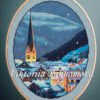 Hallstatt Austria snowy village cross stitch pattern in embroidery hoop, winter mountain landscape