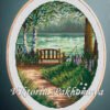 131_1 Summertime lake landscape cross stitch pattern with forest trees and wooden bench in embroidery hoop