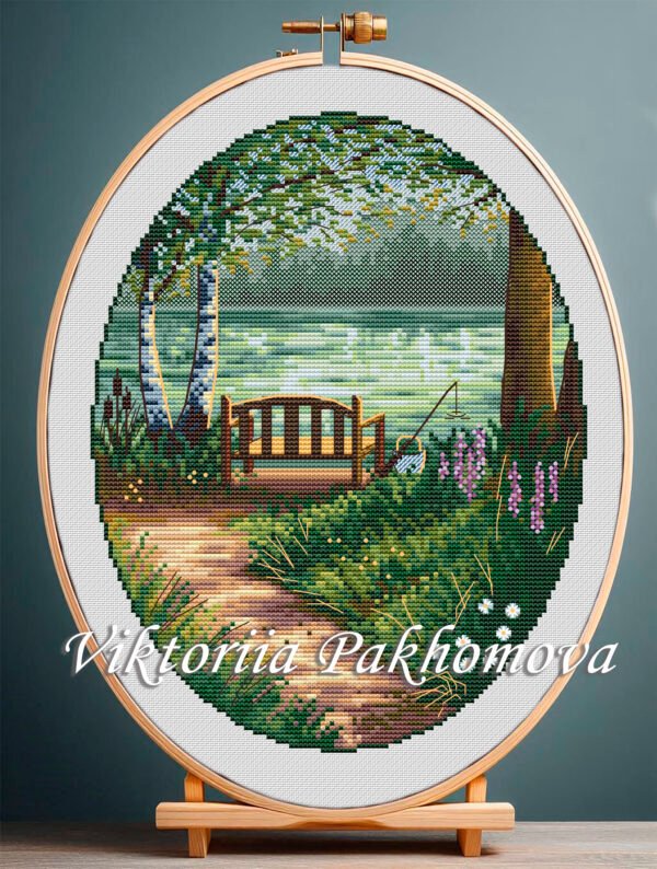 131_1 Summertime lake landscape cross stitch pattern with forest trees and wooden bench in embroidery hoop