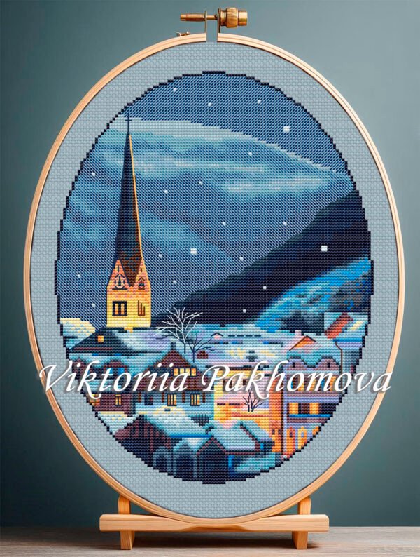 Hallstatt Austria snowy village cross stitch pattern in embroidery hoop, winter mountain landscape