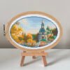 Vydubytskyi Monastery cross stitch pattern in embroidery hoop, colorful Kyiv autumn landscape