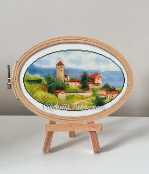 132 Tuscany Italy cross stitch pattern in embroidery hoop, rural summer landscape design