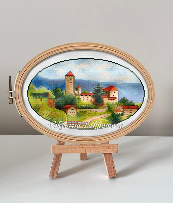 132 Tuscany Italy cross stitch pattern in embroidery hoop, rural summer landscape design