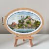 Switzerland castle cross stitch pattern in embroidery hoop, European mountain landscape design