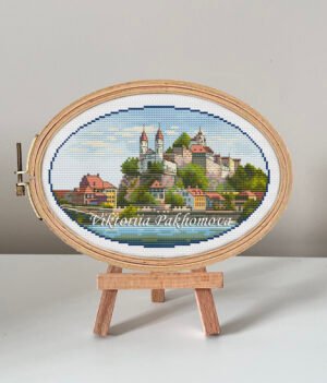 132 Switzerland castle cross stitch pattern in embroidery hoop, European mountain landscape design