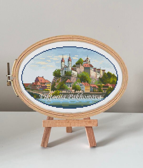 Switzerland castle cross stitch pattern in embroidery hoop, European mountain landscape design