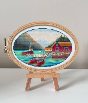 132 Norway Lovatnet Lake cross stitch pattern in embroidery hoop, summer mountain landscape design