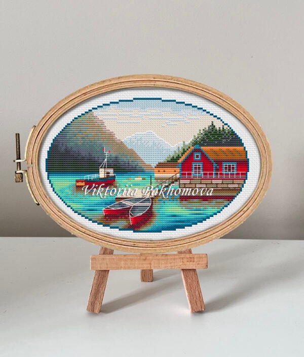 132 Norway Lovatnet Lake cross stitch pattern in embroidery hoop, summer mountain landscape design